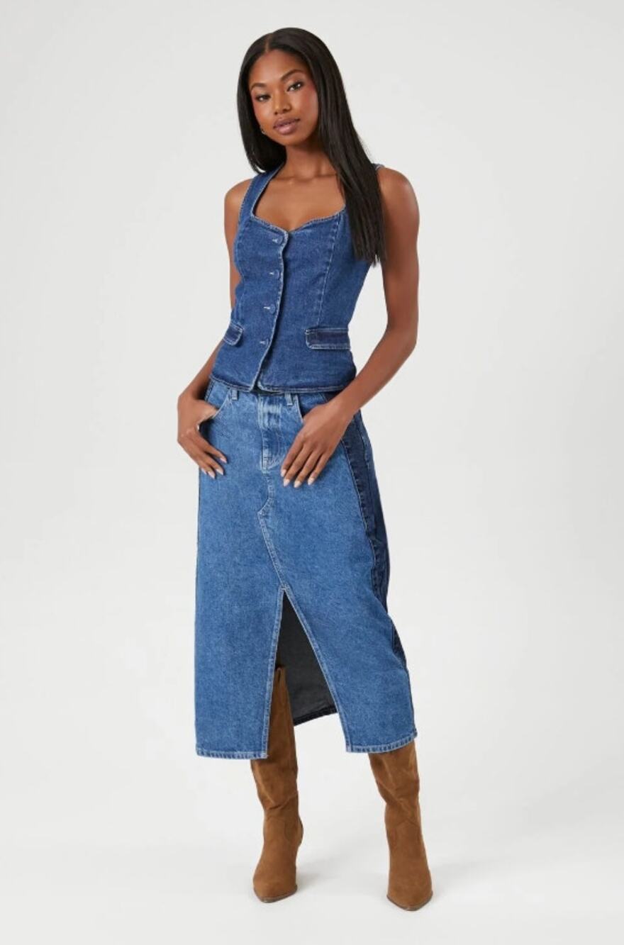 Forever 21 Premium Denim Midi Skirt S/M Two Tone Blue Front Slit 100% Cotton